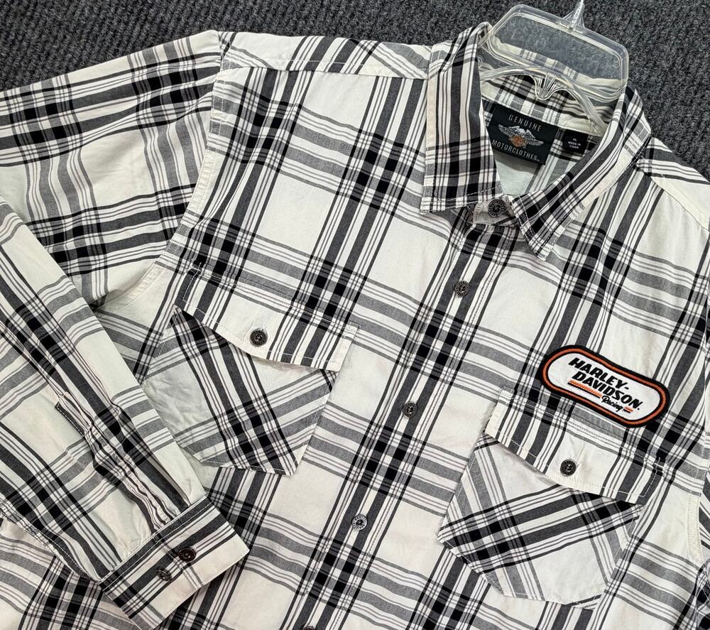 Harley-Davidson Men's XL Long Sleeve Plaid Shirt Black White Gray Biker
